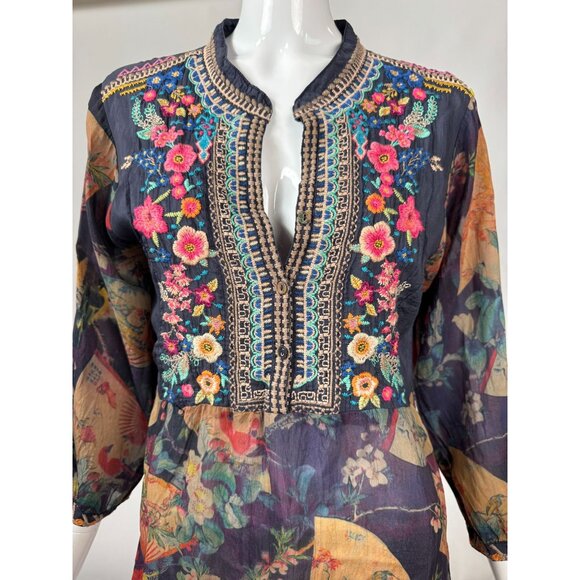 Johnny Was Embroidered Floral Tunic Top With 3/4 Sleeves & Mandarin Collar In Sh - Picture 13 of 16